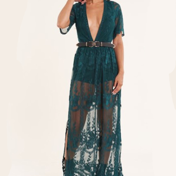 Hunter Green Lace Gown - Picture 2 of 6